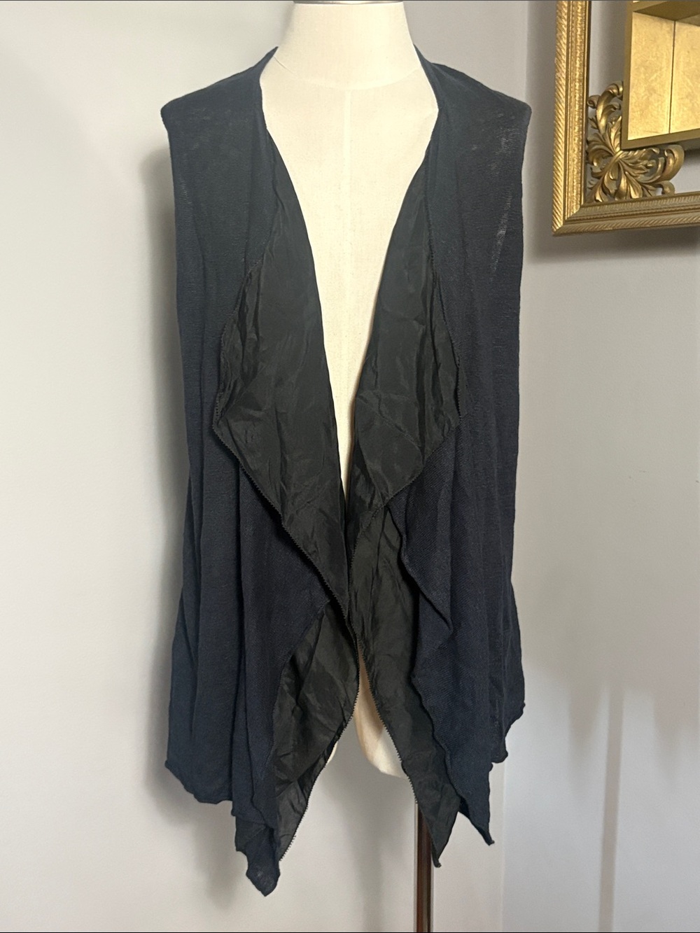 Eileen Fisher Medium Navy Blue Linen Black Silk Draped Open Front Sweater Vest
